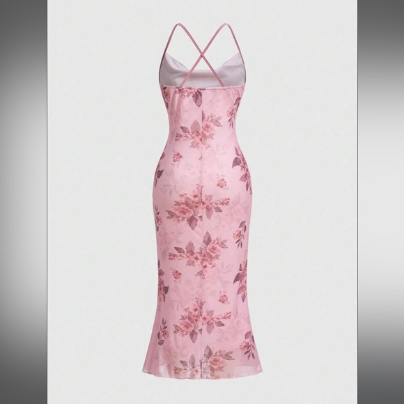 Romwe pink floral midi length dress - Picture 2 of 4